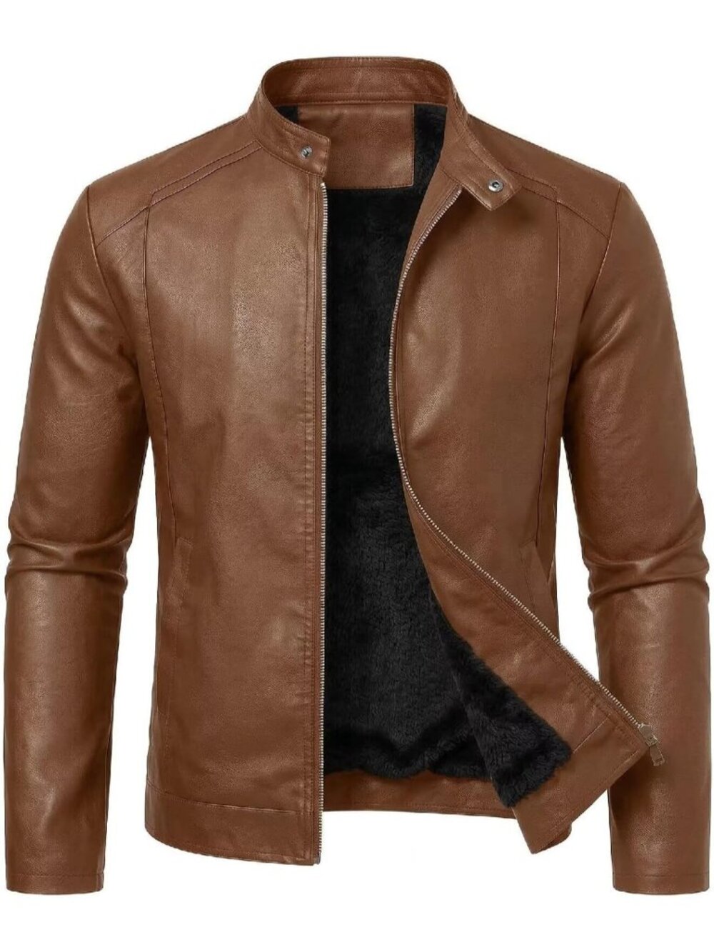 Men’s Brown Fleece lined Faux Leather Motorcycle Moto Biker Jacket Stand Collar